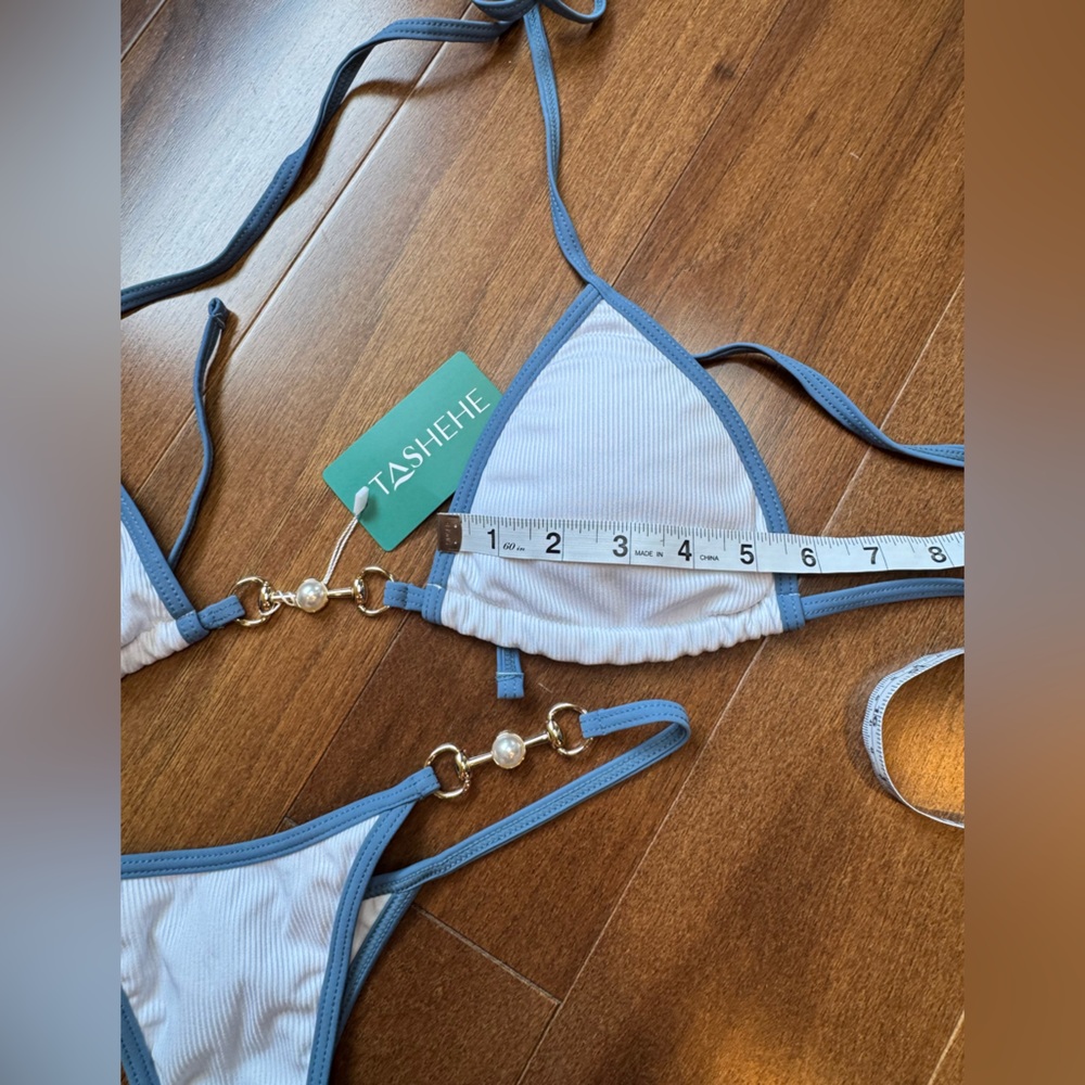 NWT TASHEHE Blue and White Ribbed Thong Bikini - Picture 12 of 16